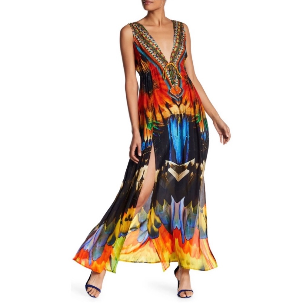 Shahida Parides Embellished Viscose Silk Crystal Long Maxi Dress Feather Print ︎
